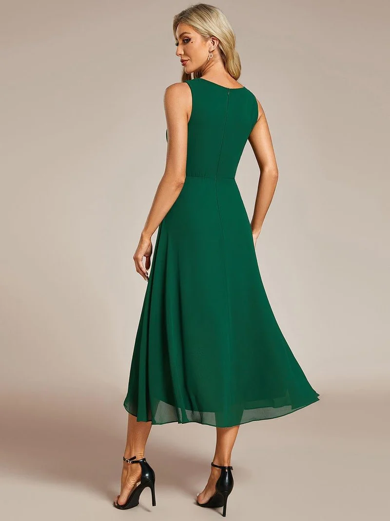 ever IRYS|Robe d'invité de mariage haute-basse en mousseline de soie sans manches avec applique à la taille
