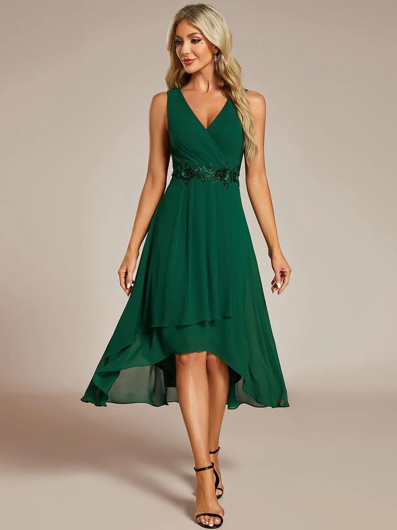ever IRYS|Robe d'invité de mariage haute-basse en mousseline de soie sans manches avec applique à la taille
