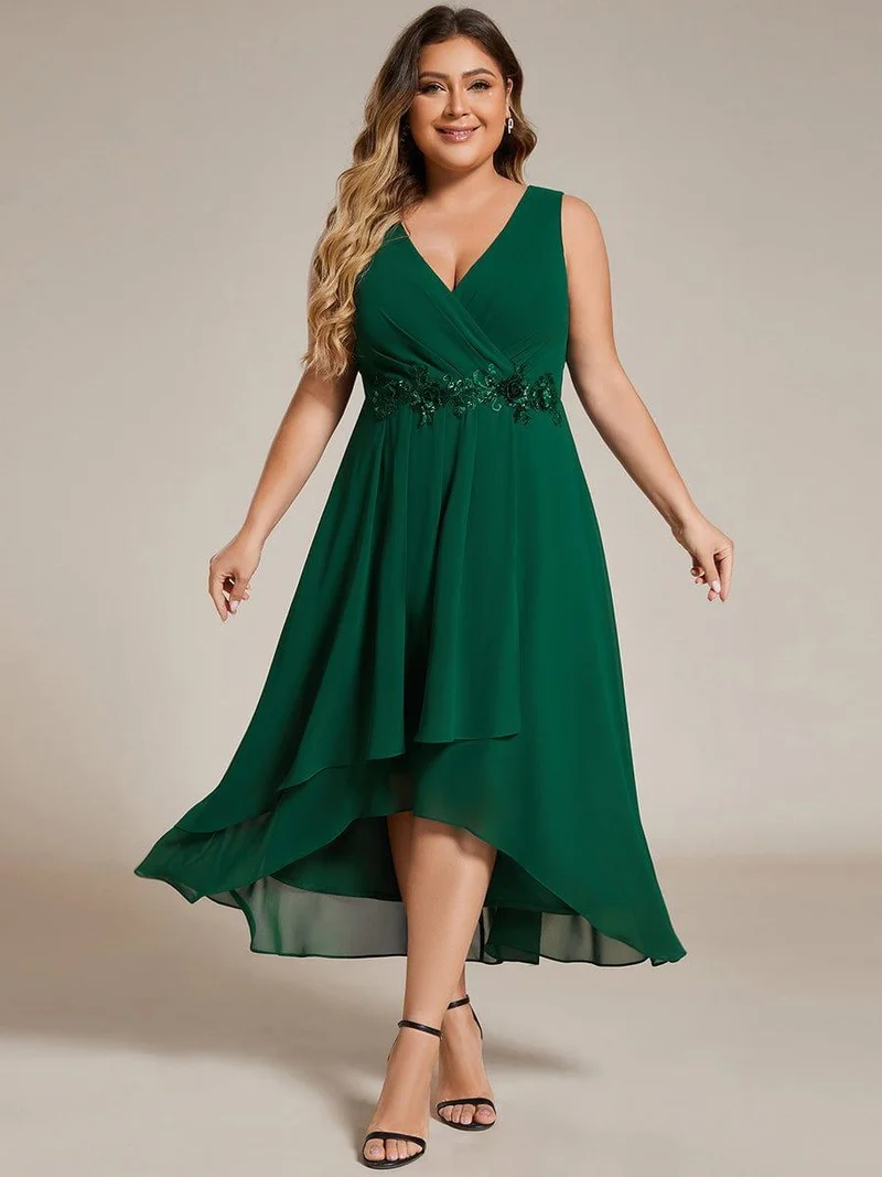 ever IRYS|Robe d'invité de mariage haute-basse en mousseline de soie sans manches avec applique à la taille