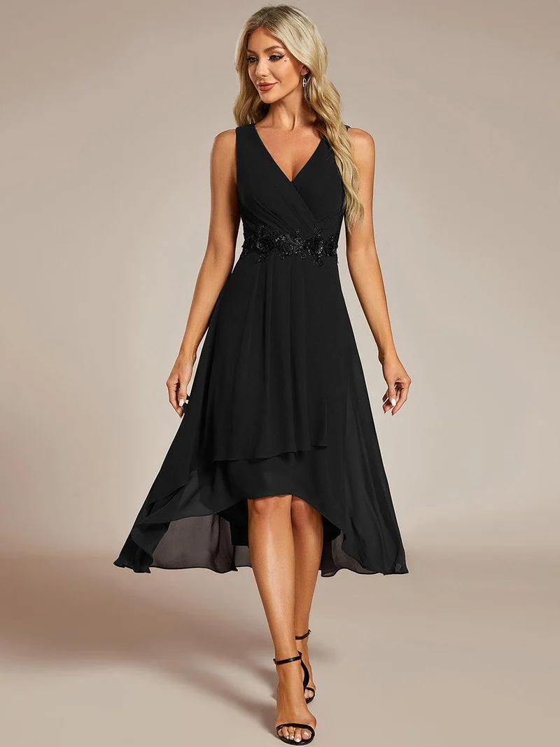 ever IRYS|Robe d'invité de mariage haute-basse en mousseline de soie sans manches avec applique à la taille