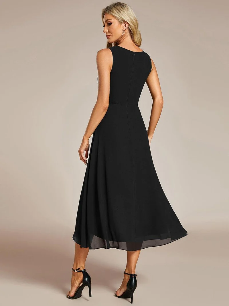 ever IRYS|Robe d'invité de mariage haute-basse en mousseline de soie sans manches avec applique à la taille