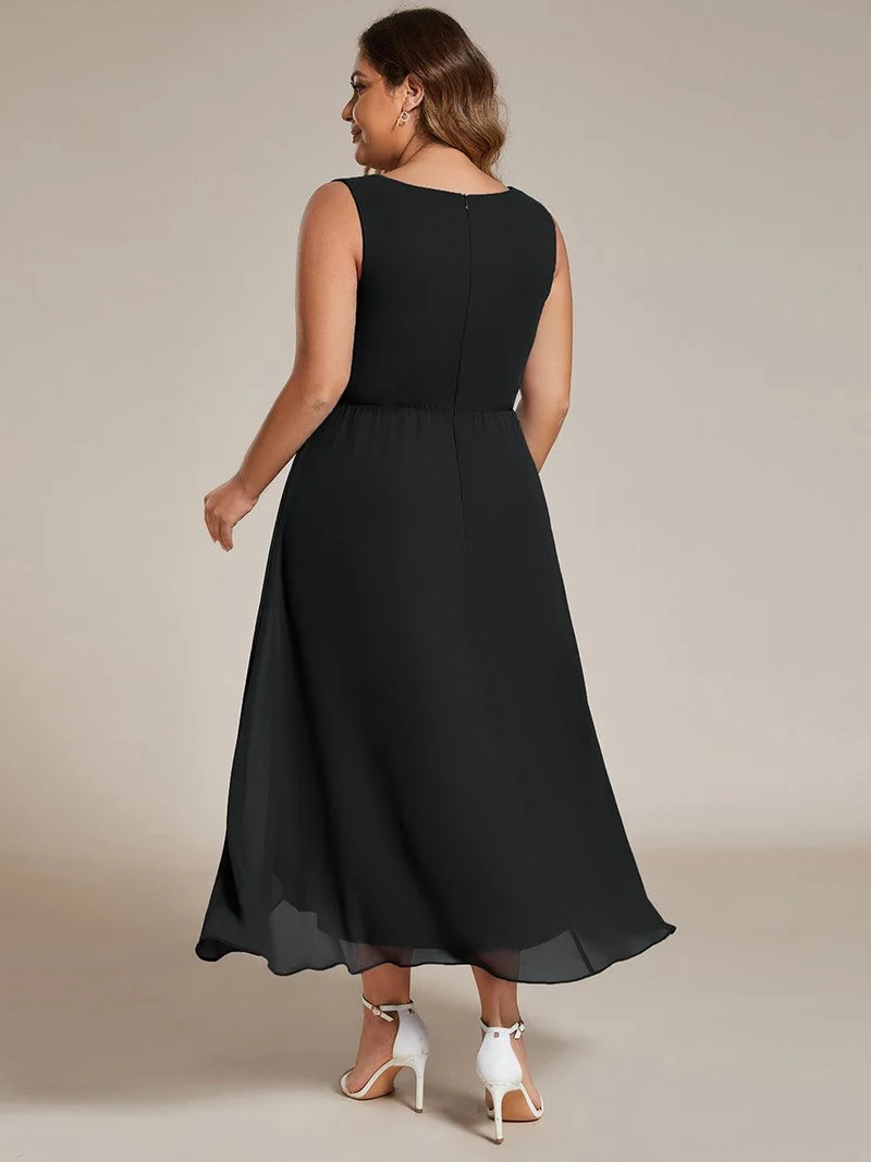 ever IRYS|Robe d'invité de mariage haute-basse en mousseline de soie sans manches avec applique à la taille