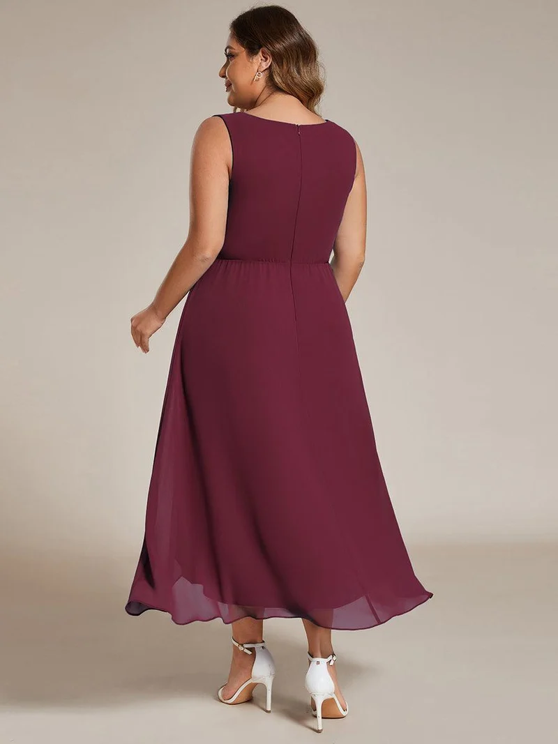 ever IRYS|Robe d'invité de mariage haute-basse en mousseline de soie sans manches avec applique à la taille