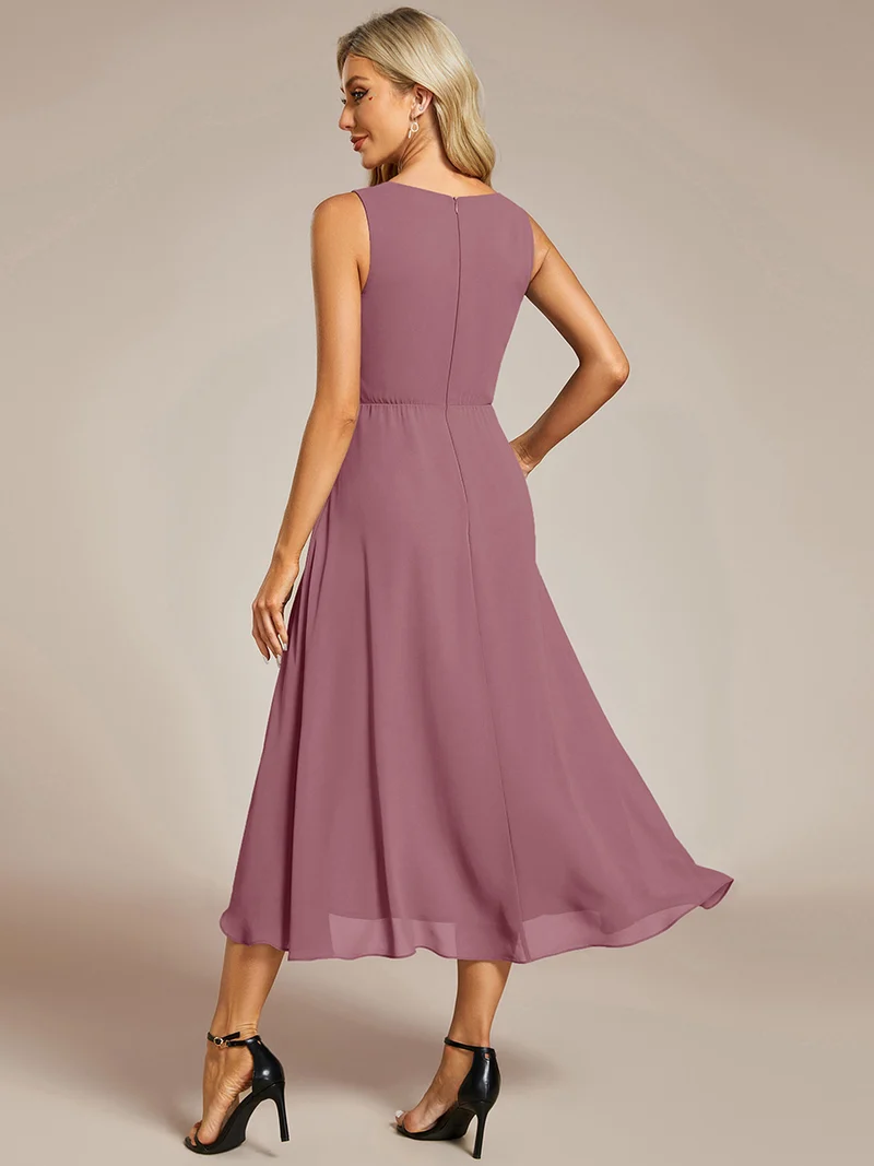 ever IRYS|Robe d'invité de mariage haute-basse en mousseline de soie sans manches avec applique à la taille
