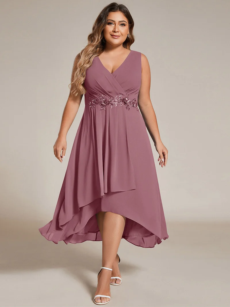 ever IRYS|Robe d'invité de mariage haute-basse en mousseline de soie sans manches avec applique à la taille