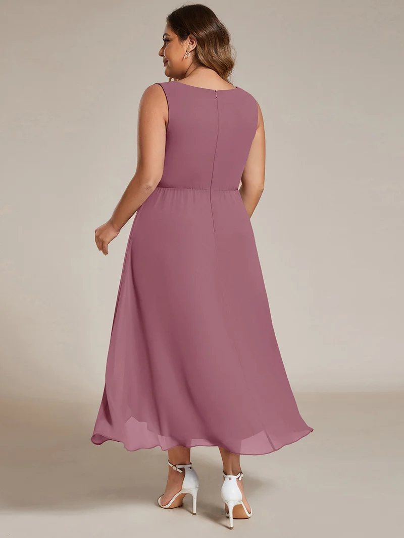 ever IRYS|Robe d'invité de mariage haute-basse en mousseline de soie sans manches avec applique à la taille