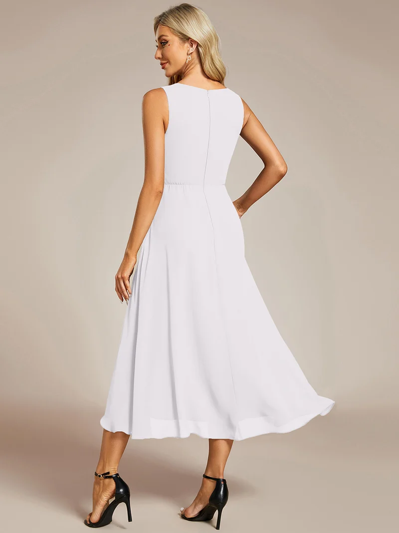 ever IRYS|Robe d'invité de mariage haute-basse en mousseline de soie sans manches avec applique à la taille