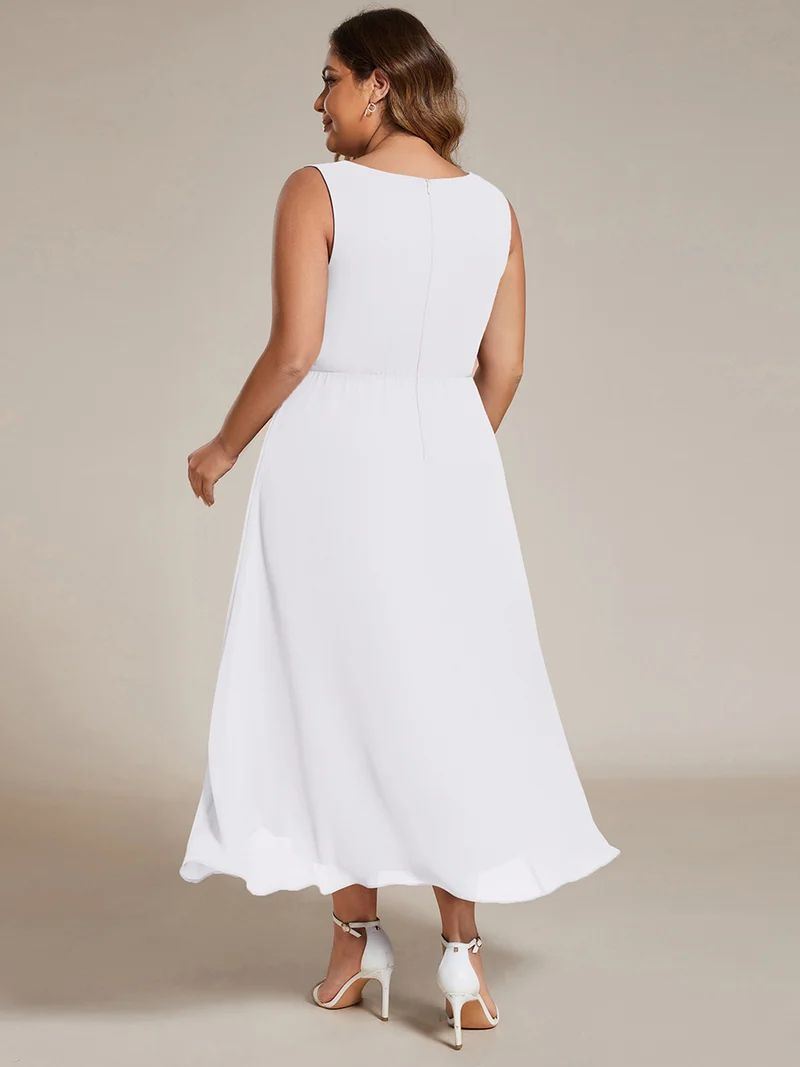 ever IRYS|Robe d'invité de mariage haute-basse en mousseline de soie sans manches avec applique à la taille