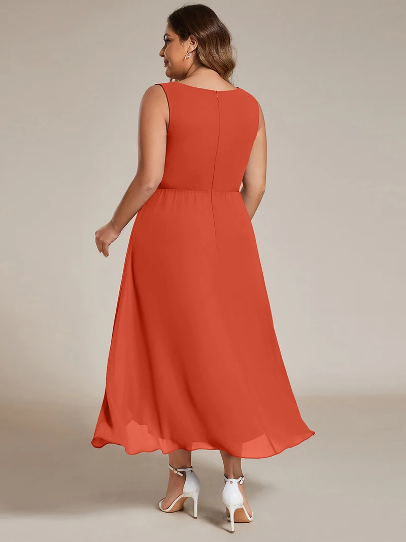 ever IRYS|Robe d'invité de mariage haute-basse en mousseline de soie sans manches avec applique à la taille