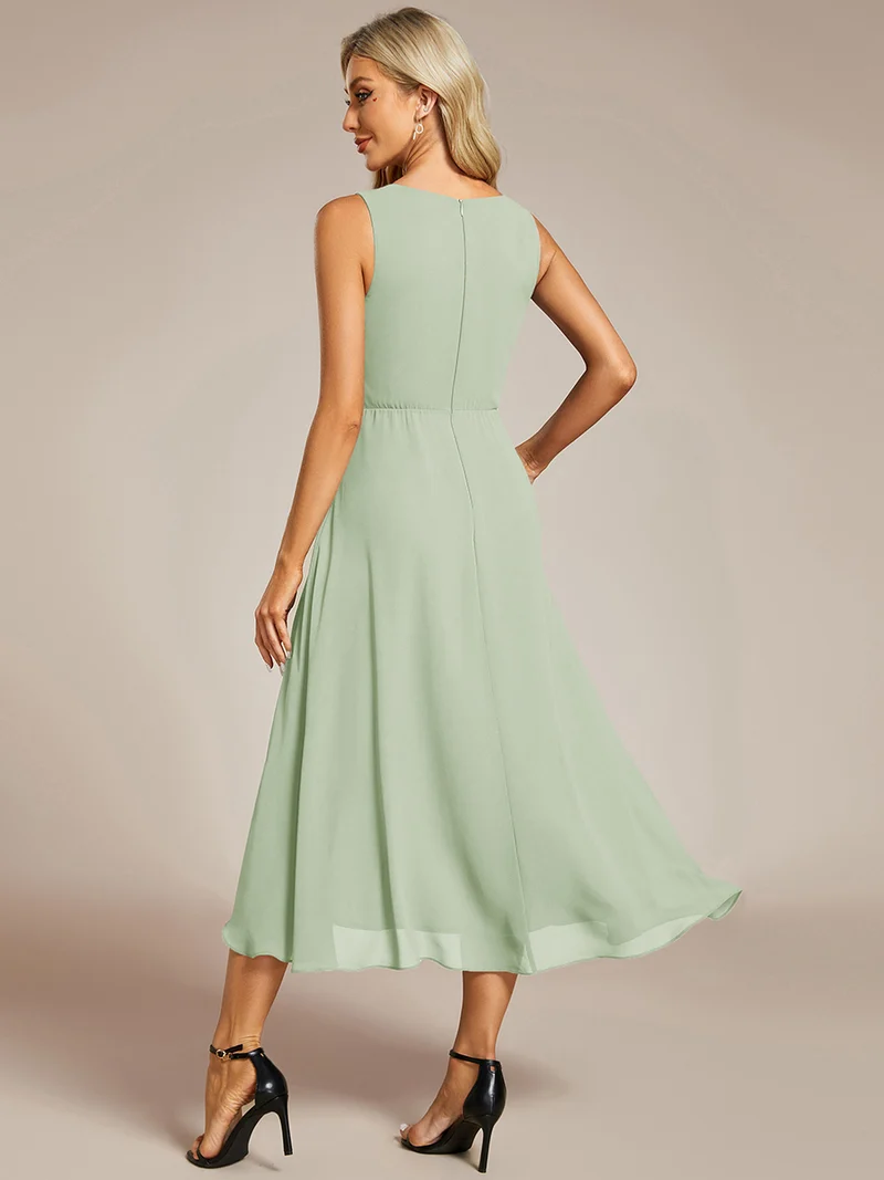 ever IRYS|Robe d'invité de mariage haute-basse en mousseline de soie sans manches avec applique à la taille