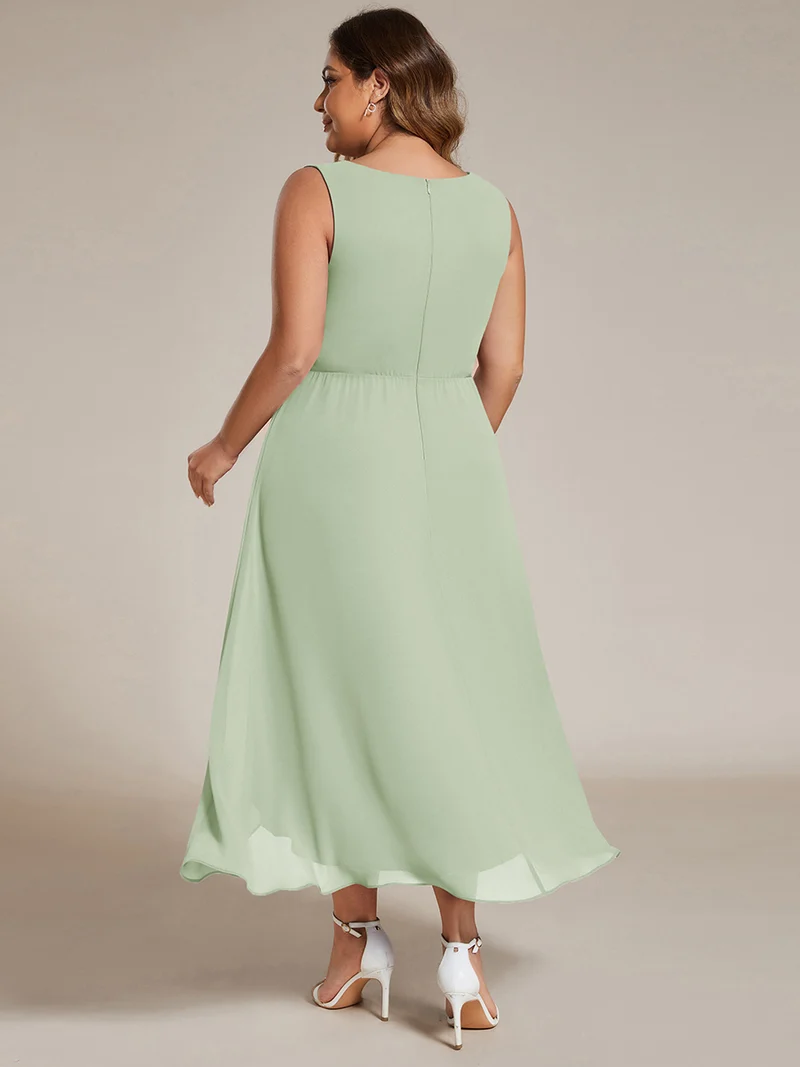 ever IRYS|Robe d'invité de mariage haute-basse en mousseline de soie sans manches avec applique à la taille