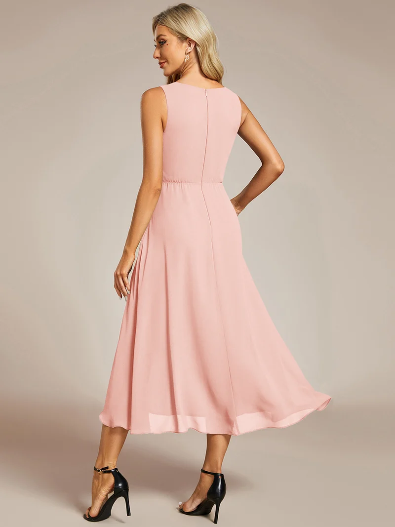ever IRYS|Robe d'invité de mariage haute-basse en mousseline de soie sans manches avec applique à la taille