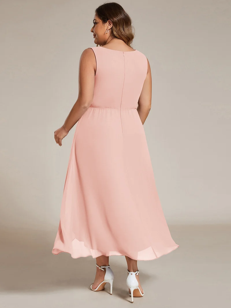 ever IRYS|Robe d'invité de mariage haute-basse en mousseline de soie sans manches avec applique à la taille