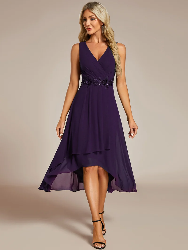ever IRYS|Robe d'invité de mariage haute-basse en mousseline de soie sans manches avec applique à la taille
