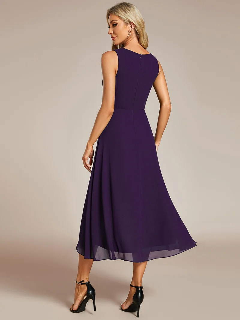 ever IRYS|Robe d'invité de mariage haute-basse en mousseline de soie sans manches avec applique à la taille