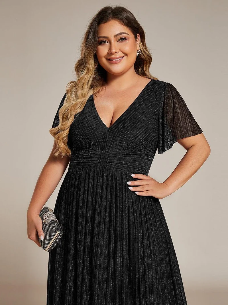 pretty DAPHNE|Robe de soirée formelle scintillante à manches courtes et col en V de grande taille