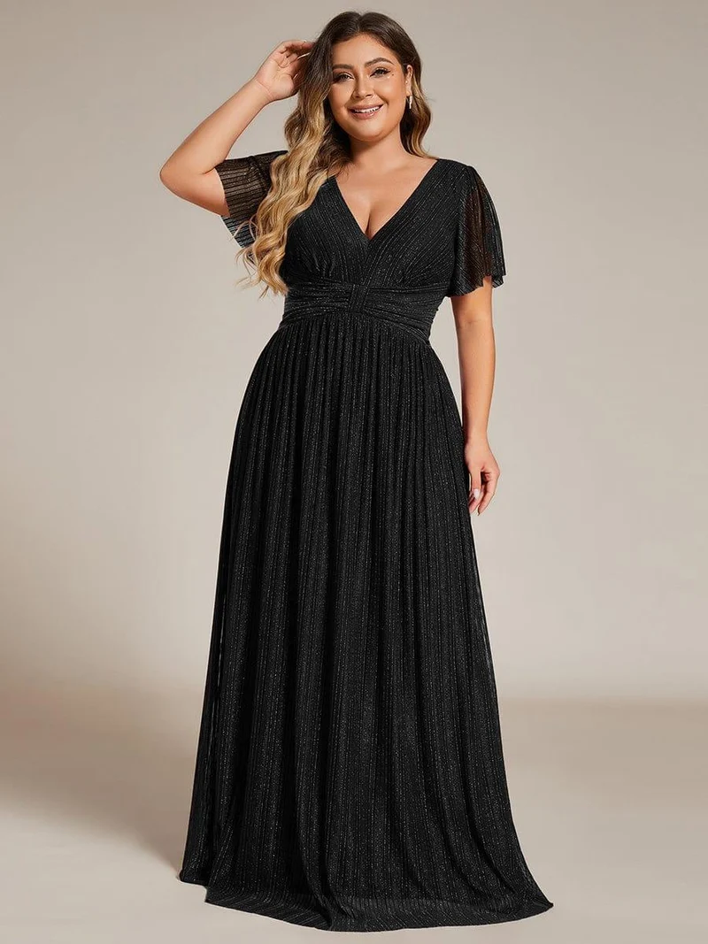 pretty DAPHNE|Robe de soirée formelle scintillante à manches courtes et col en V de grande taille
