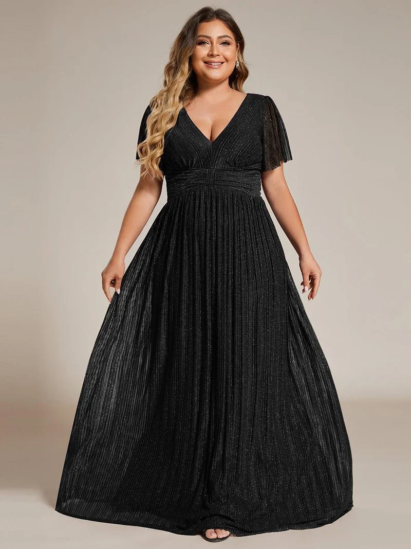 pretty DAPHNE|Robe de soirée formelle scintillante à manches courtes et col en V de grande taille
