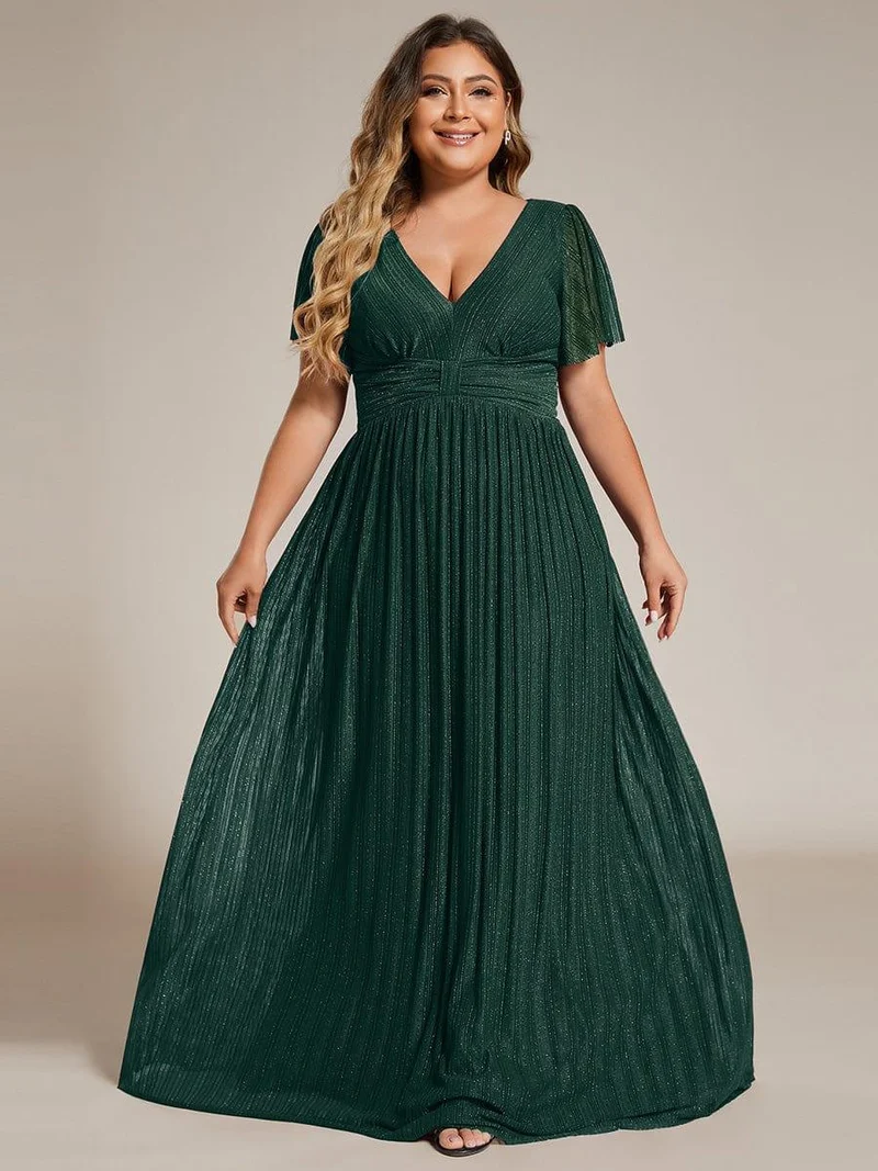 pretty DAPHNE|Robe de soirée formelle scintillante à manches courtes et col en V de grande taille