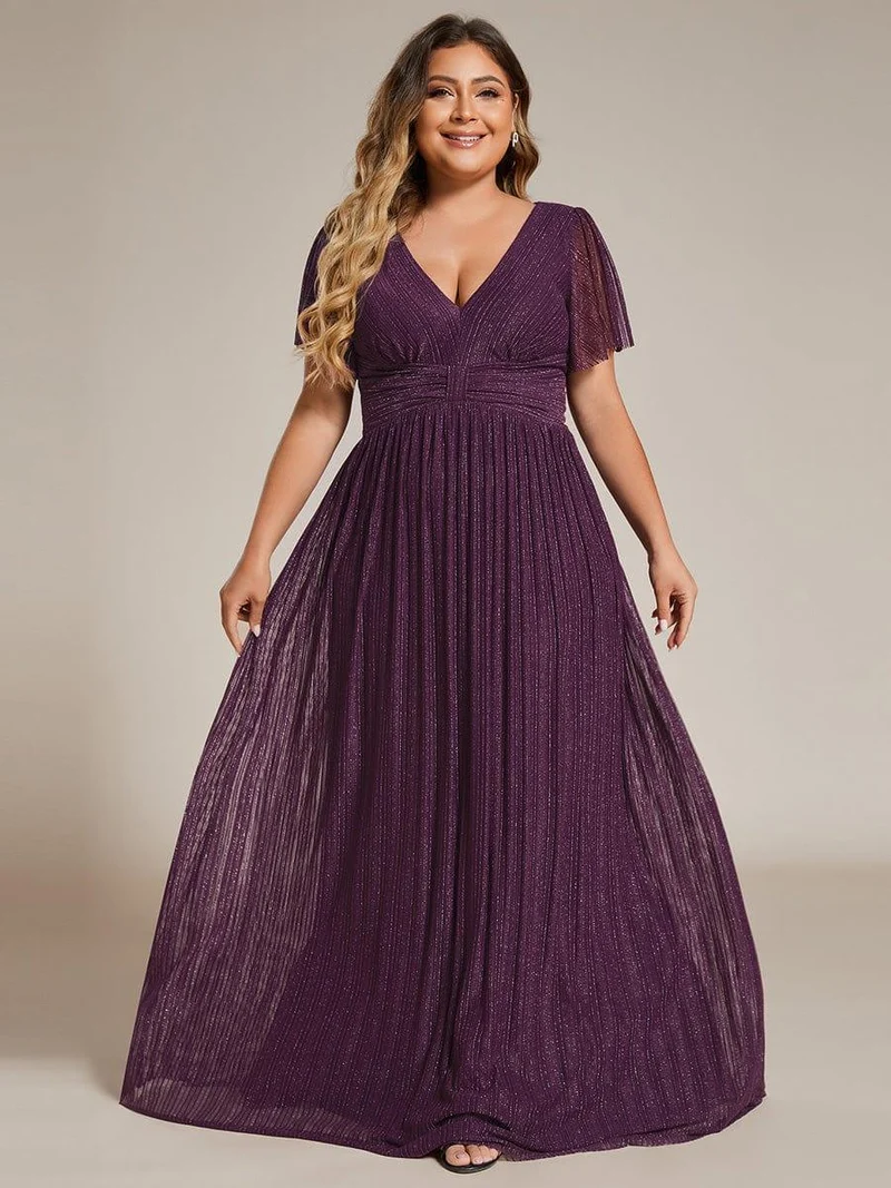 pretty DAPHNE|Robe de soirée formelle scintillante à manches courtes et col en V de grande taille