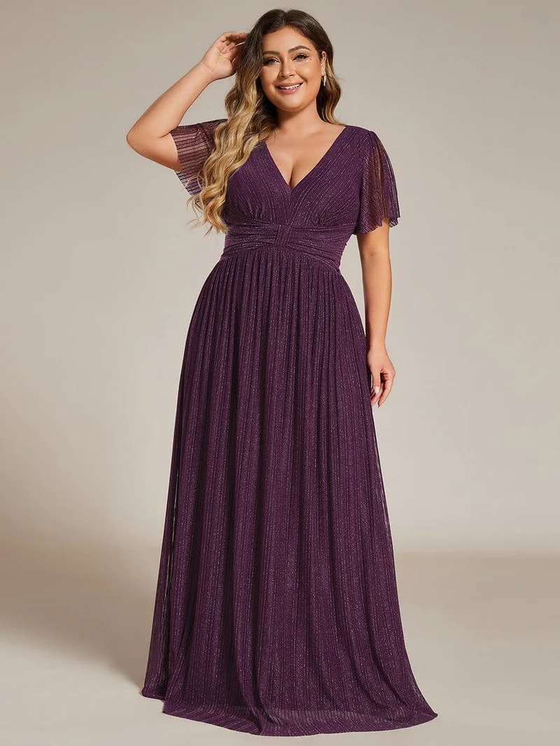pretty DAPHNE|Robe de soirée formelle scintillante à manches courtes et col en V de grande taille