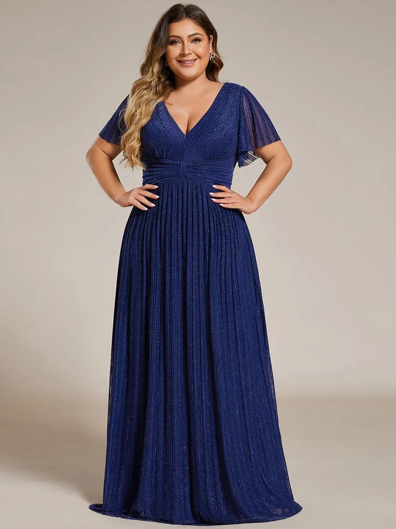 pretty DAPHNE|Robe de soirée formelle scintillante à manches courtes et col en V de grande taille