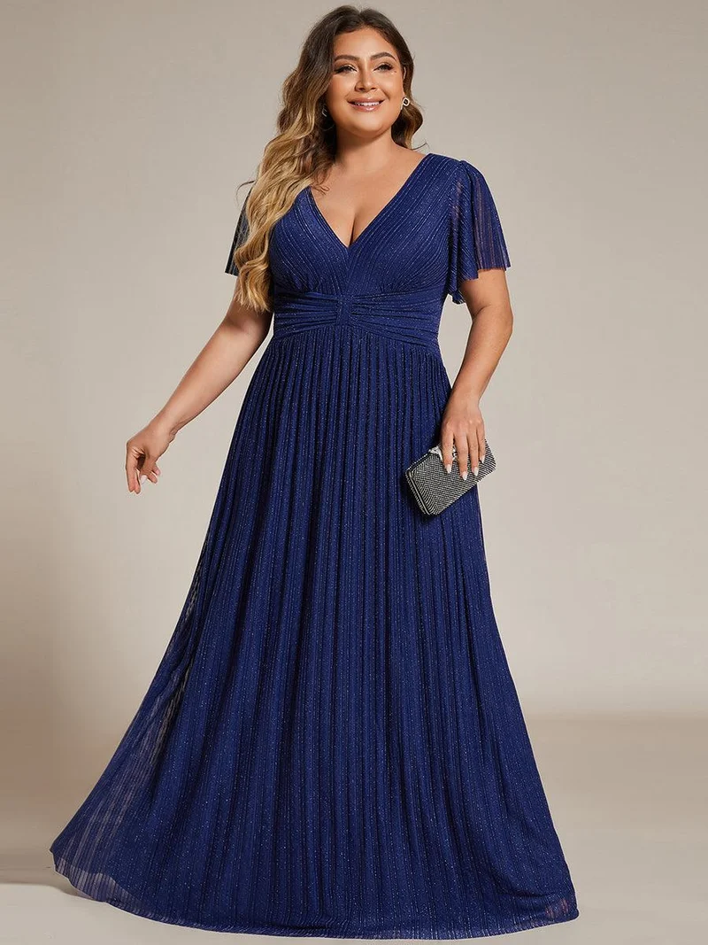 pretty DAPHNE|Robe de soirée formelle scintillante à manches courtes et col en V de grande taille