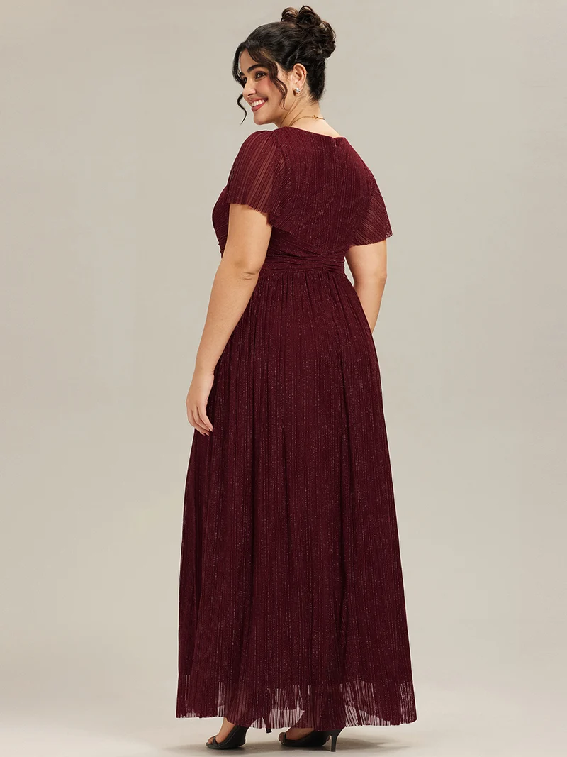 pretty DAPHNE|Robe de soirée formelle scintillante à manches courtes et col en V de grande taille