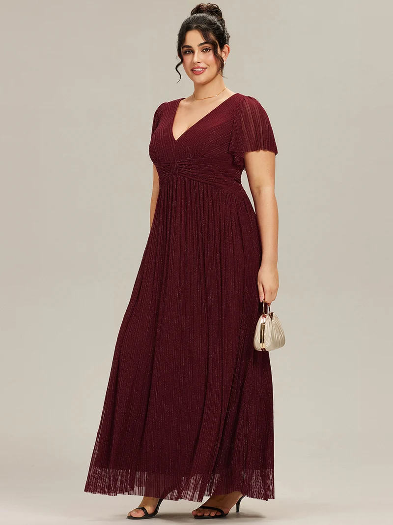 pretty DAPHNE|Robe de soirée formelle scintillante à manches courtes et col en V de grande taille