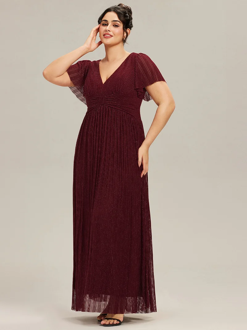 pretty DAPHNE|Robe de soirée formelle scintillante à manches courtes et col en V de grande taille