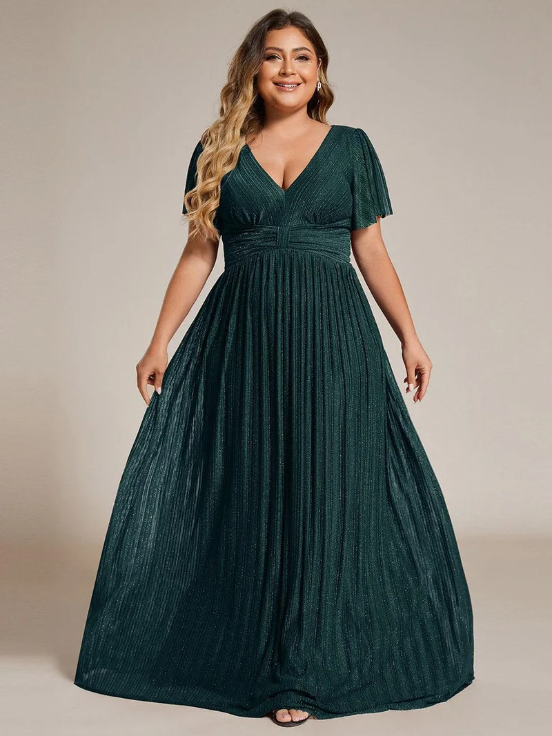 pretty DAPHNE|Robe de soirée formelle scintillante à manches courtes et col en V de grande taille