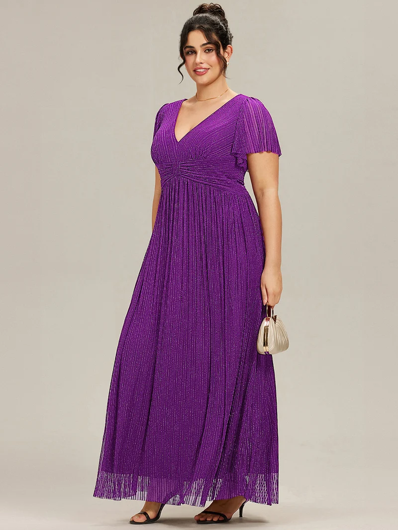 ever DAPHNE|Robe de soirée formelle scintillante à manches courtes et col en V