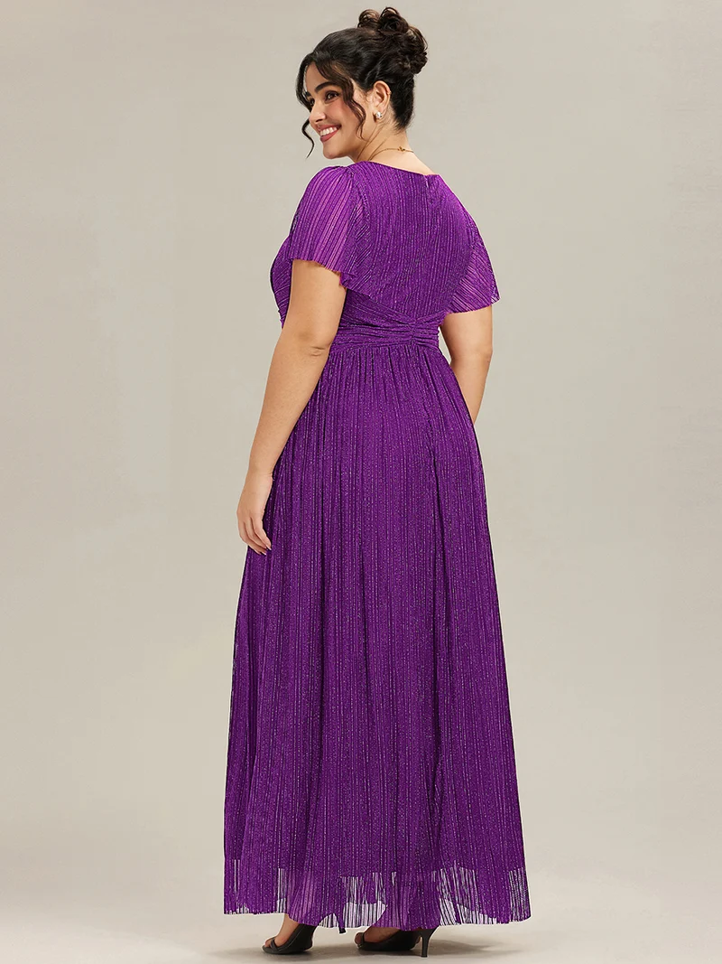 ever DAPHNE|Robe de soirée formelle scintillante à manches courtes et col en V