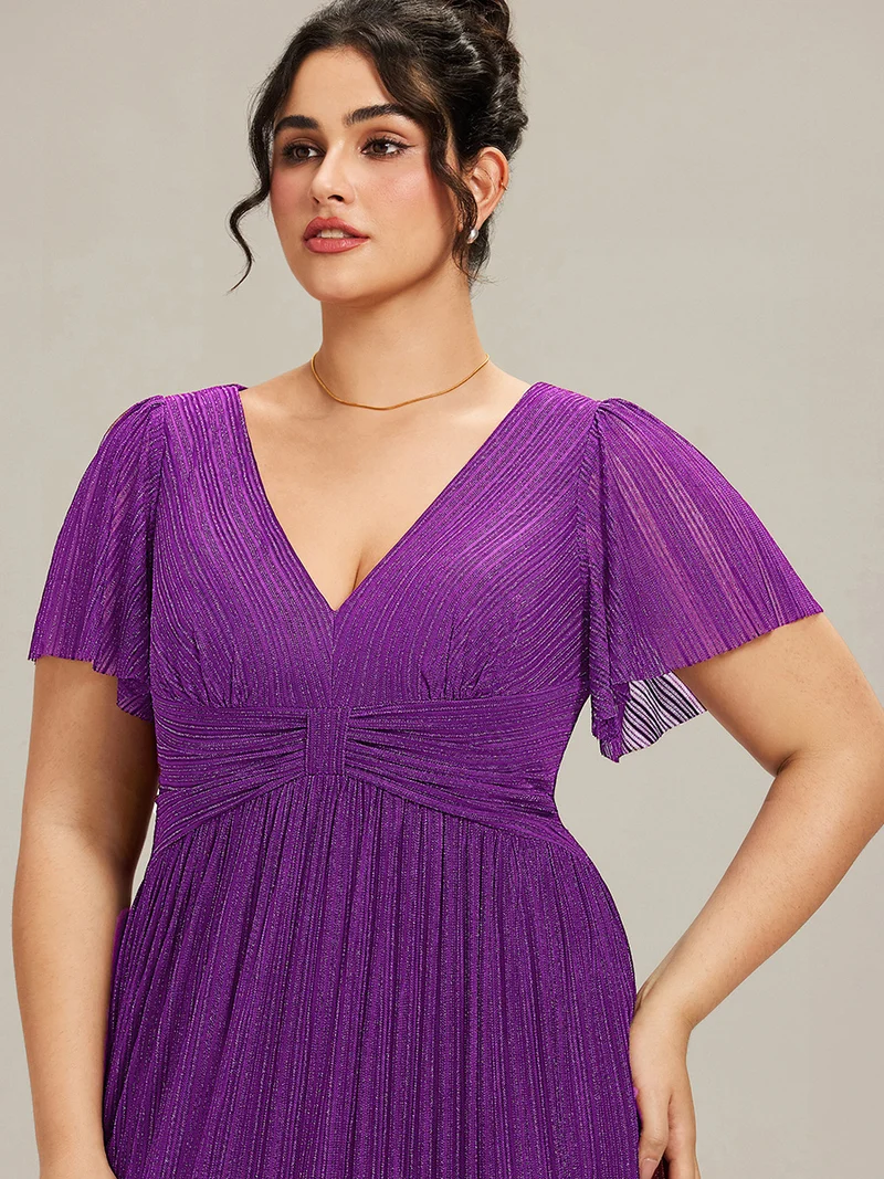 ever DAPHNE|Robe de soirée formelle scintillante à manches courtes et col en V