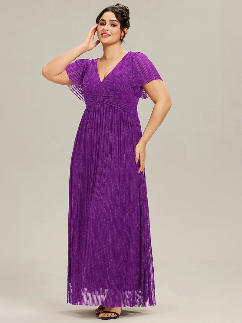ever DAPHNE|Robe de soirée formelle scintillante à manches courtes et col en V