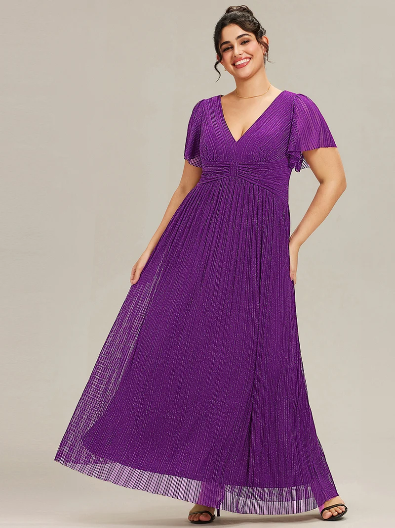 ever DAPHNE|Robe de soirée formelle scintillante à manches courtes et col en V