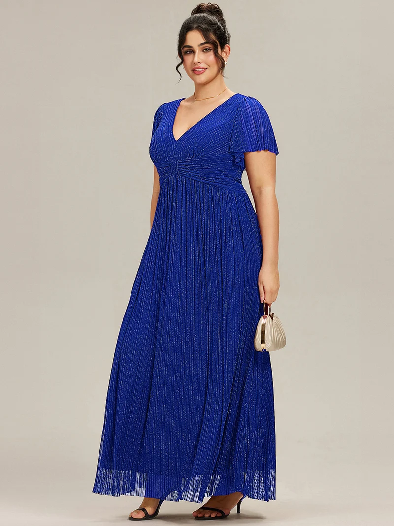 ever DAPHNE|Robe de soirée formelle scintillante à manches courtes et col en V