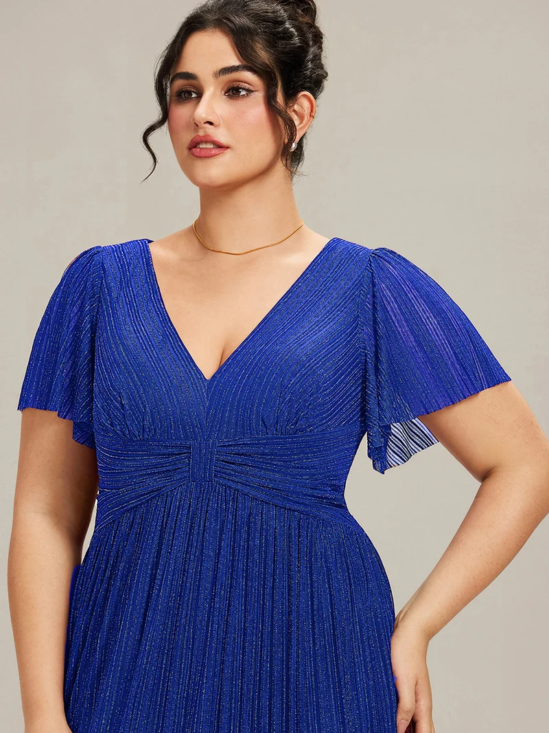 ever DAPHNE|Robe de soirée formelle scintillante à manches courtes et col en V