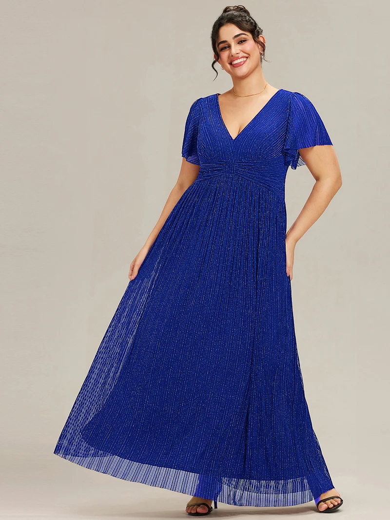 ever DAPHNE|Robe de soirée formelle scintillante à manches courtes et col en V