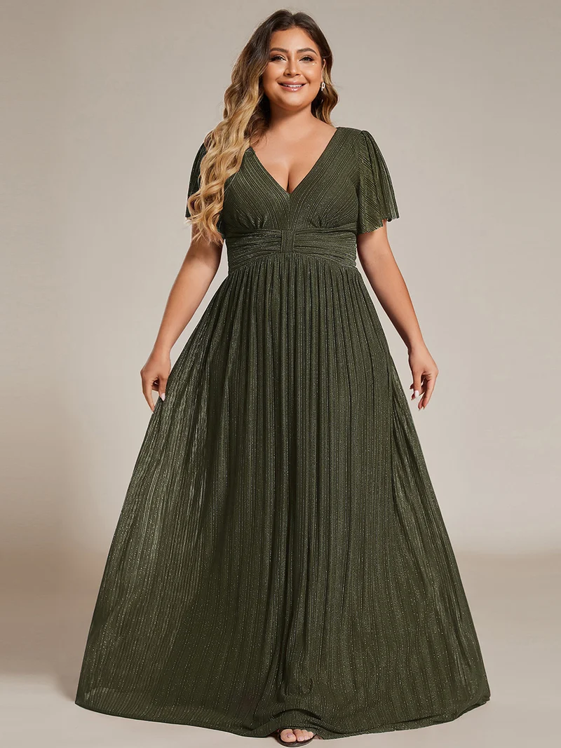pretty DAPHNE|Robe de soirée formelle scintillante à manches courtes et col en V de grande taille