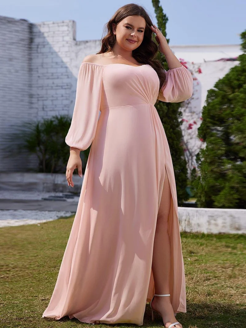 pretty DANICA|Robe de demoiselle d'honneur plissée taille haute fendue de grande taille avec manches longues