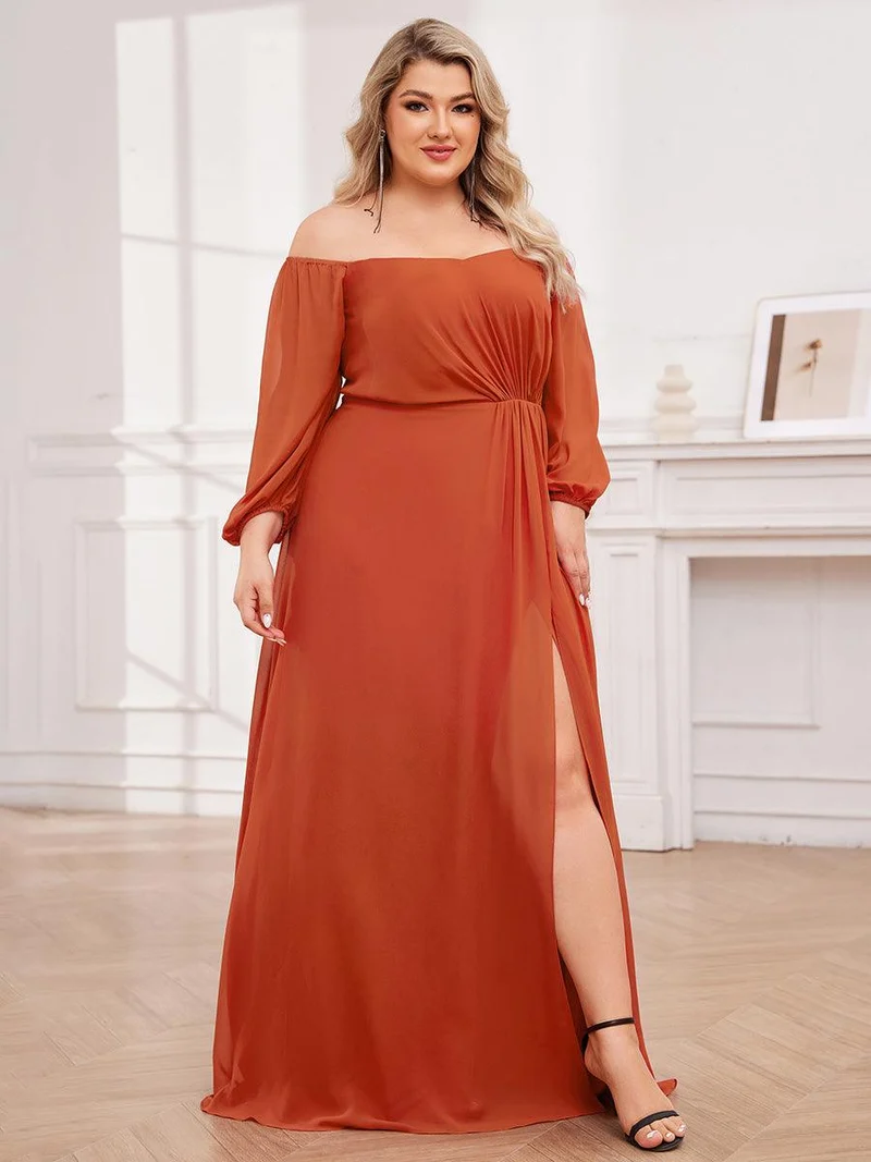 pretty DANICA|Robe de demoiselle d'honneur plissée taille haute fendue de grande taille avec manches longues