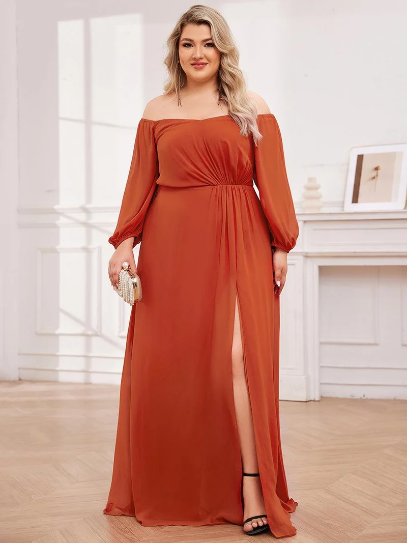 pretty DANICA|Robe de demoiselle d'honneur plissée taille haute fendue de grande taille avec manches longues