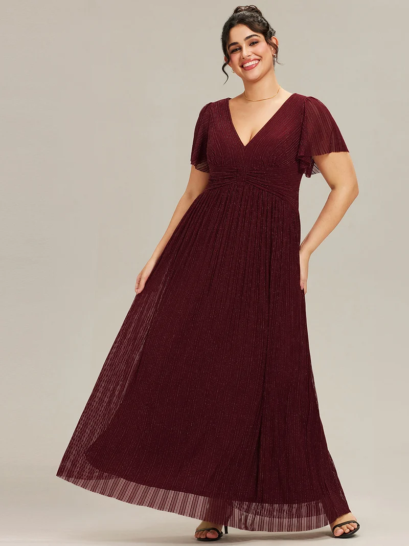ever DAPHNE|Robe de soirée formelle scintillante à manches courtes et col en V