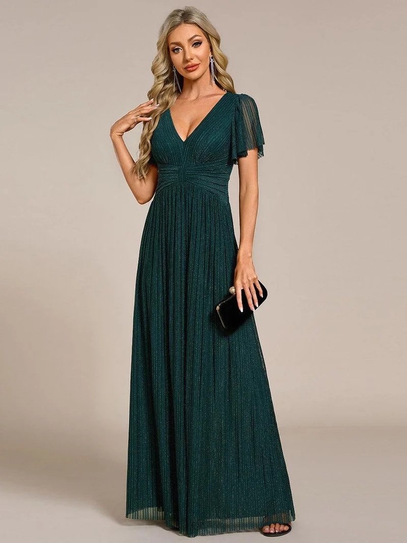 ever DAPHNE|Robe de soirée formelle scintillante à manches courtes et col en V