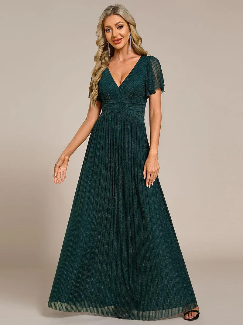 ever DAPHNE|Robe de soirée formelle scintillante à manches courtes et col en V