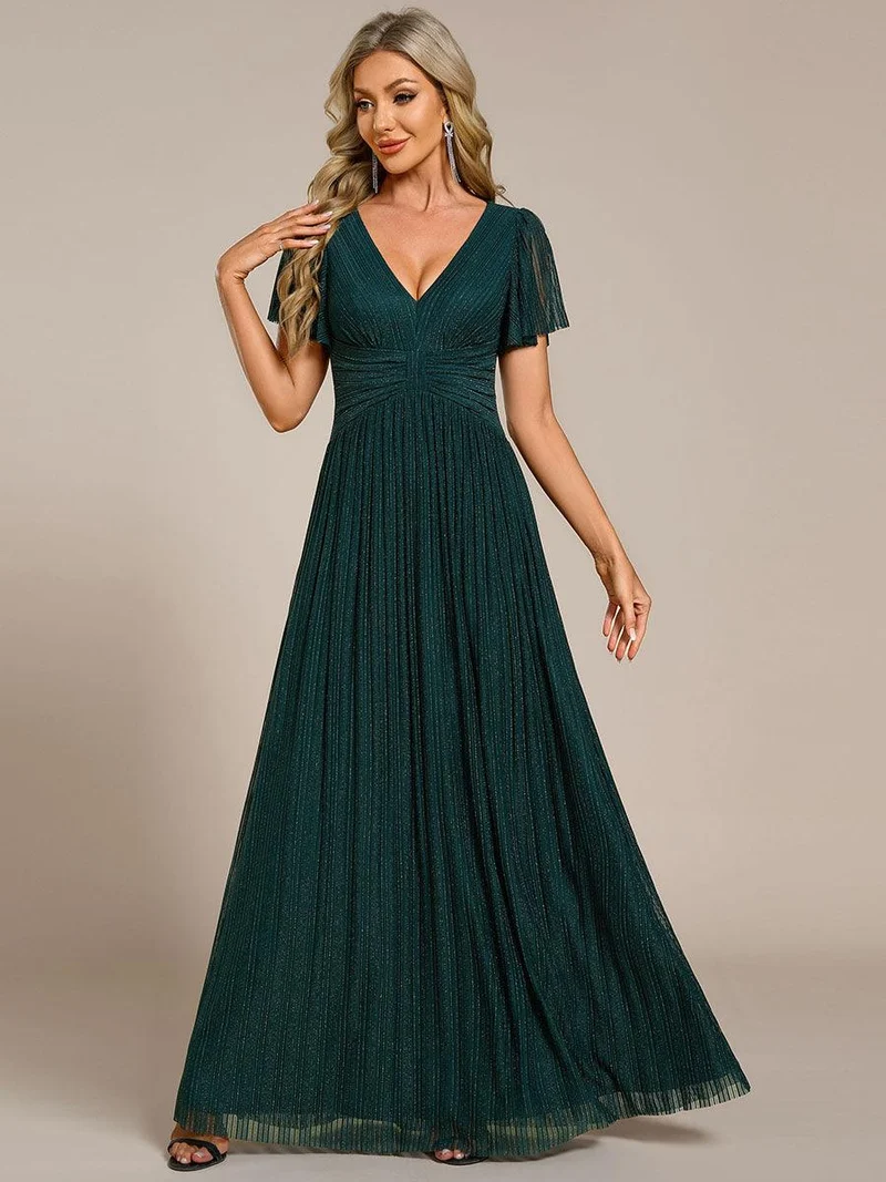 ever DAPHNE|Robe de soirée formelle scintillante à manches courtes et col en V