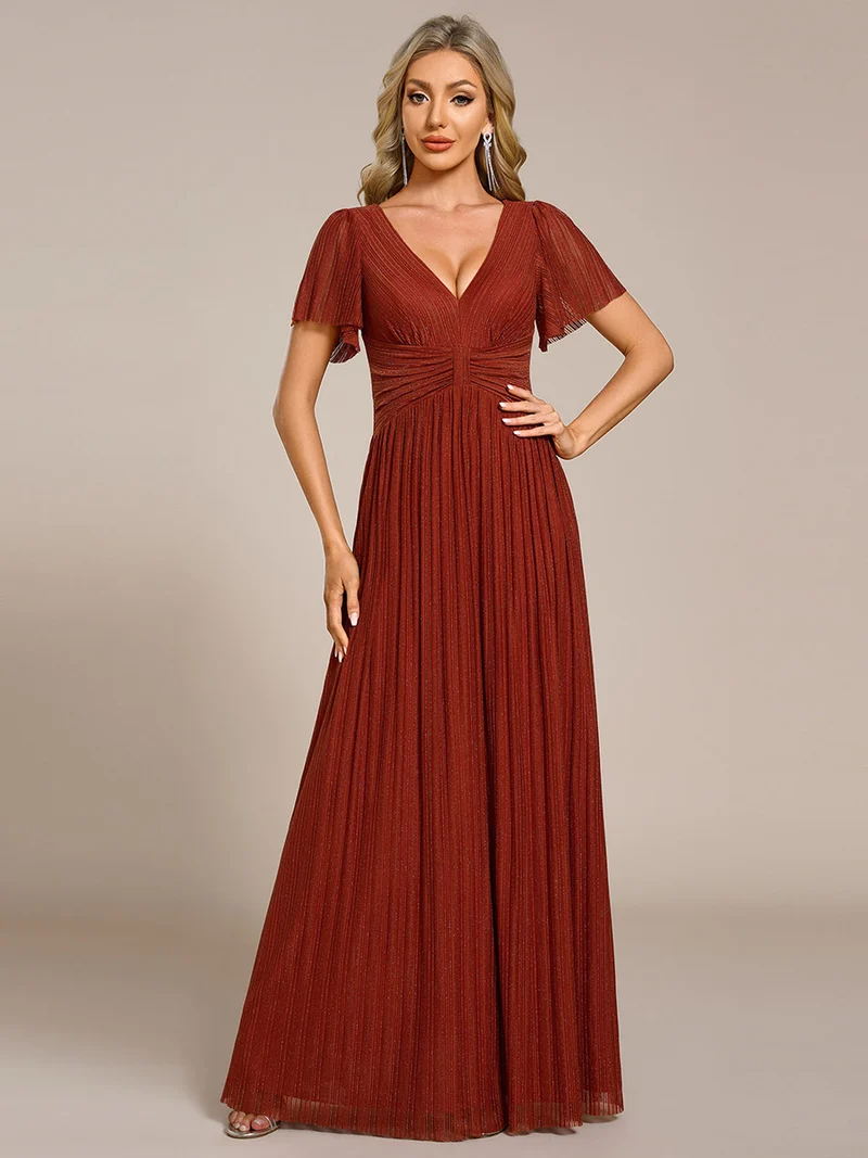 ever DAPHNE|Robe de soirée formelle scintillante à manches courtes et col en V