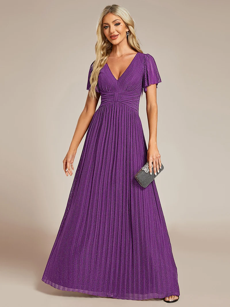 ever DAPHNE|Robe de soirée formelle scintillante à manches courtes et col en V