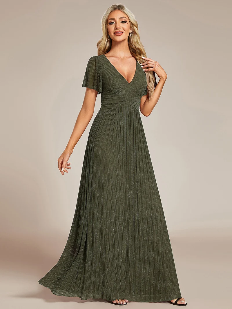 ever DAPHNE|Robe de soirée formelle scintillante à manches courtes et col en V
